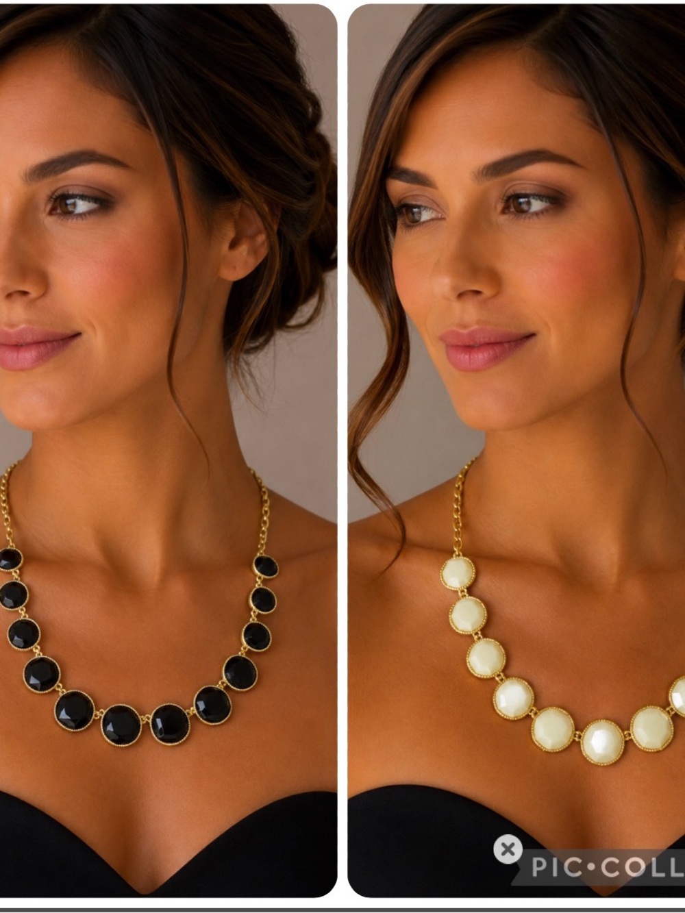 Elegant Round Station Vintage Reversible Necklace in Black and Cream -Gold Chain